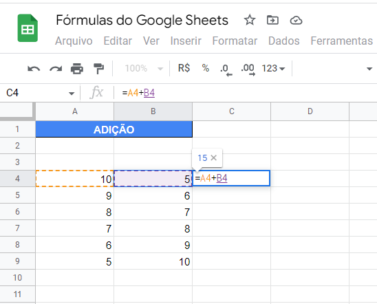 formulas google sheets adição