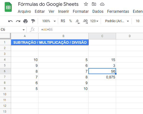 divisão nas formulas do sheets